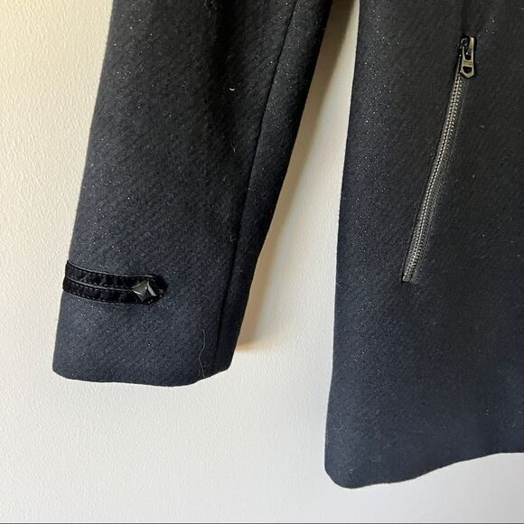 Guess Los Angeles Black Wool Blend Sparkle Hooded Mid-Length Coat - Picture 7 of 13